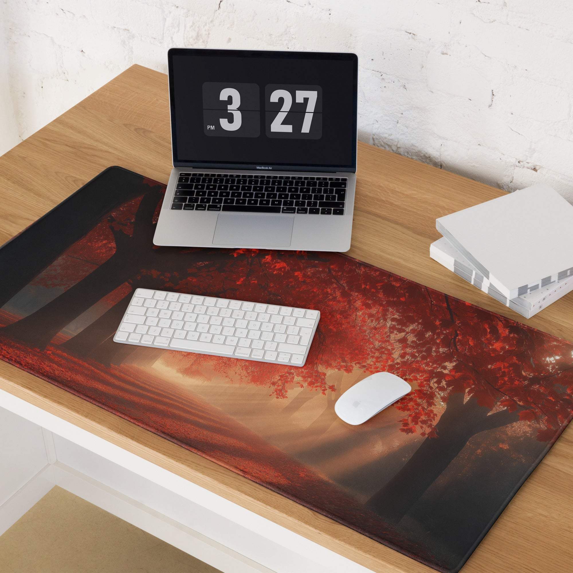 Premium red black autumn forest gaming mousepad glossy finish large non-slip