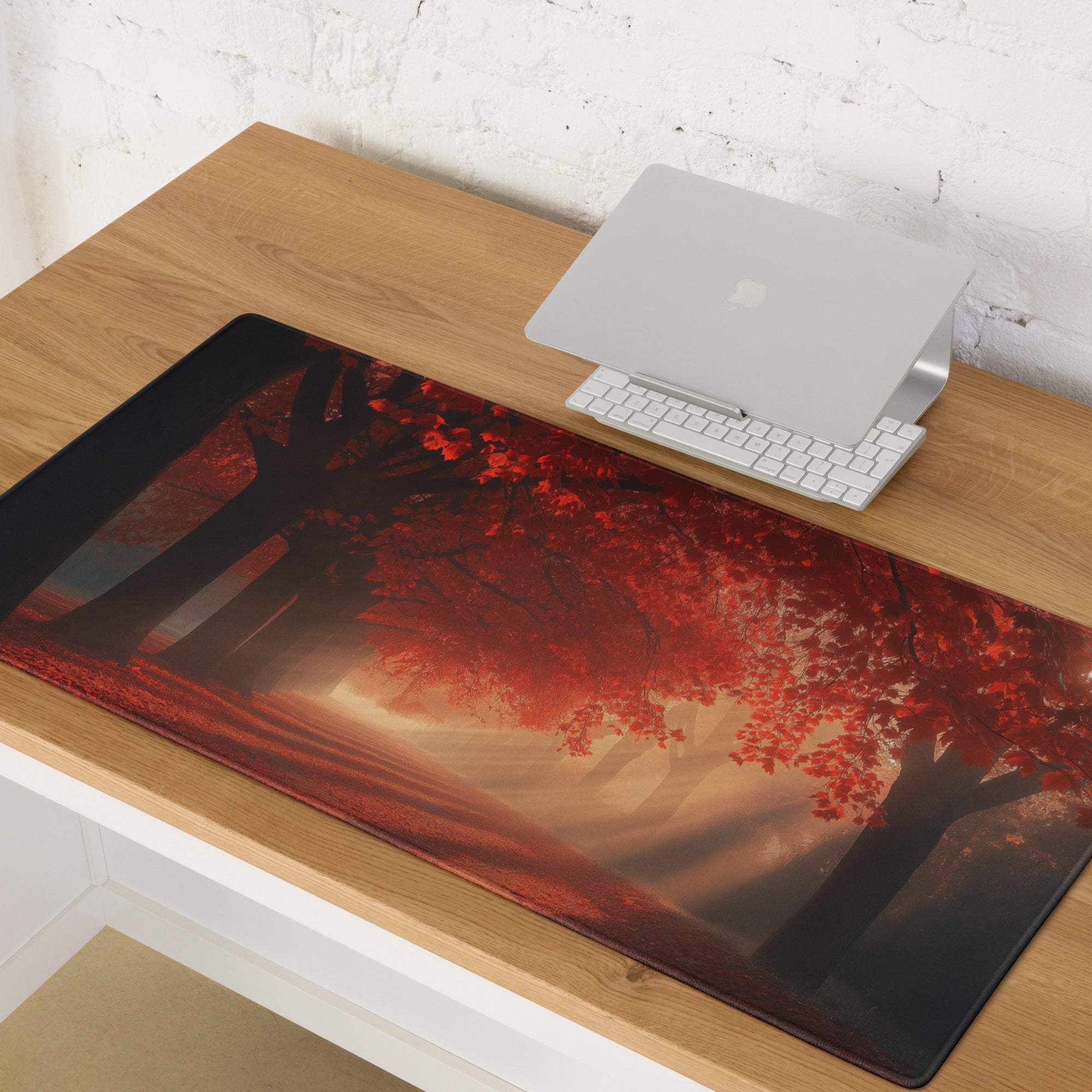 Premium Autumn Forest gaming mouse pad with red leaves, glossy surface, non-slip base