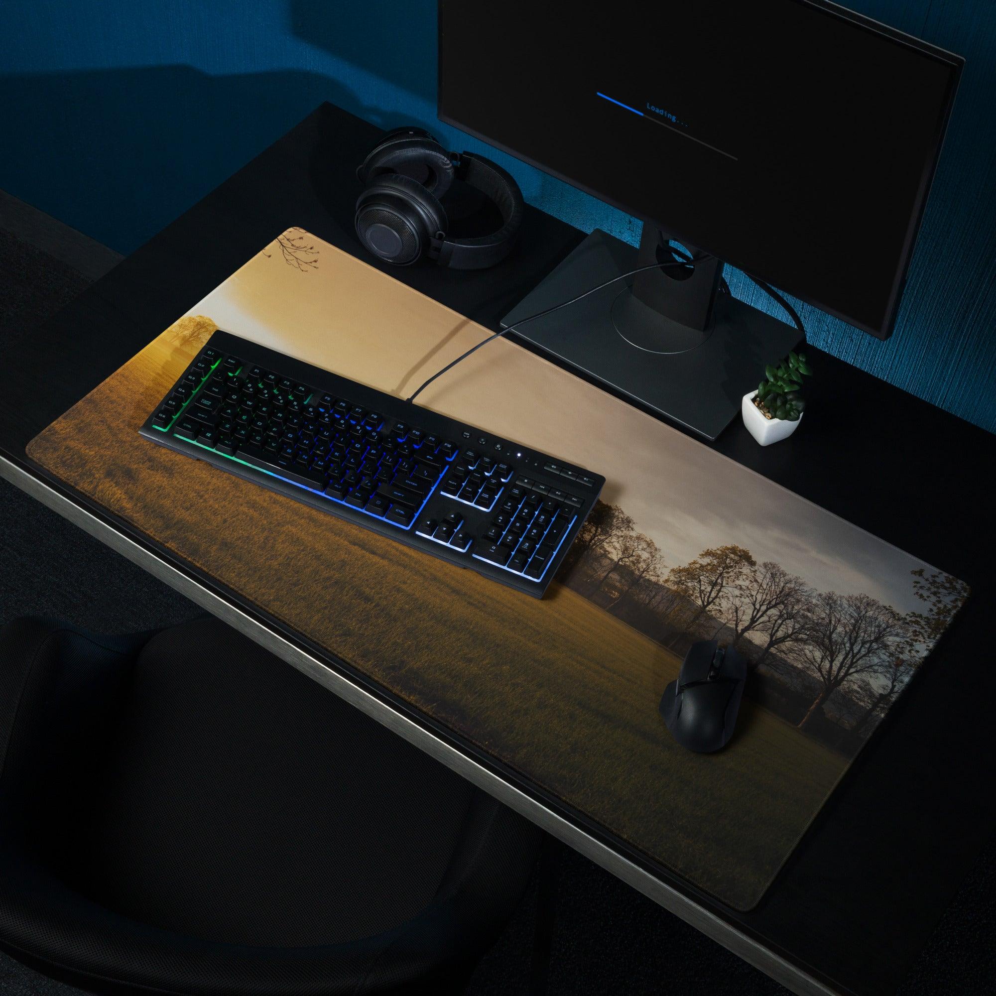 Golden Hour Sunset Landscape Gaming Mouse Pad with Trees, Fields, Non-Slip Base, Stitched Edges