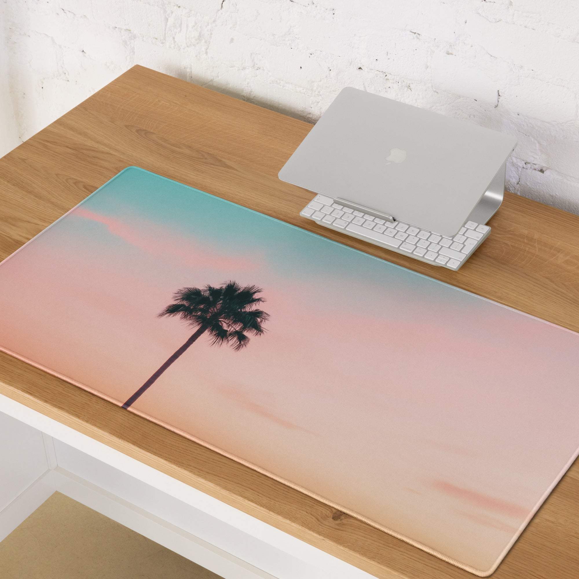 Pastel sunset palm tree silicone gaming mouse pad with pink teal gradient