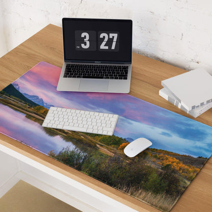 Vibrant mountain sunset mouse pad with non-slip base and edge stitching