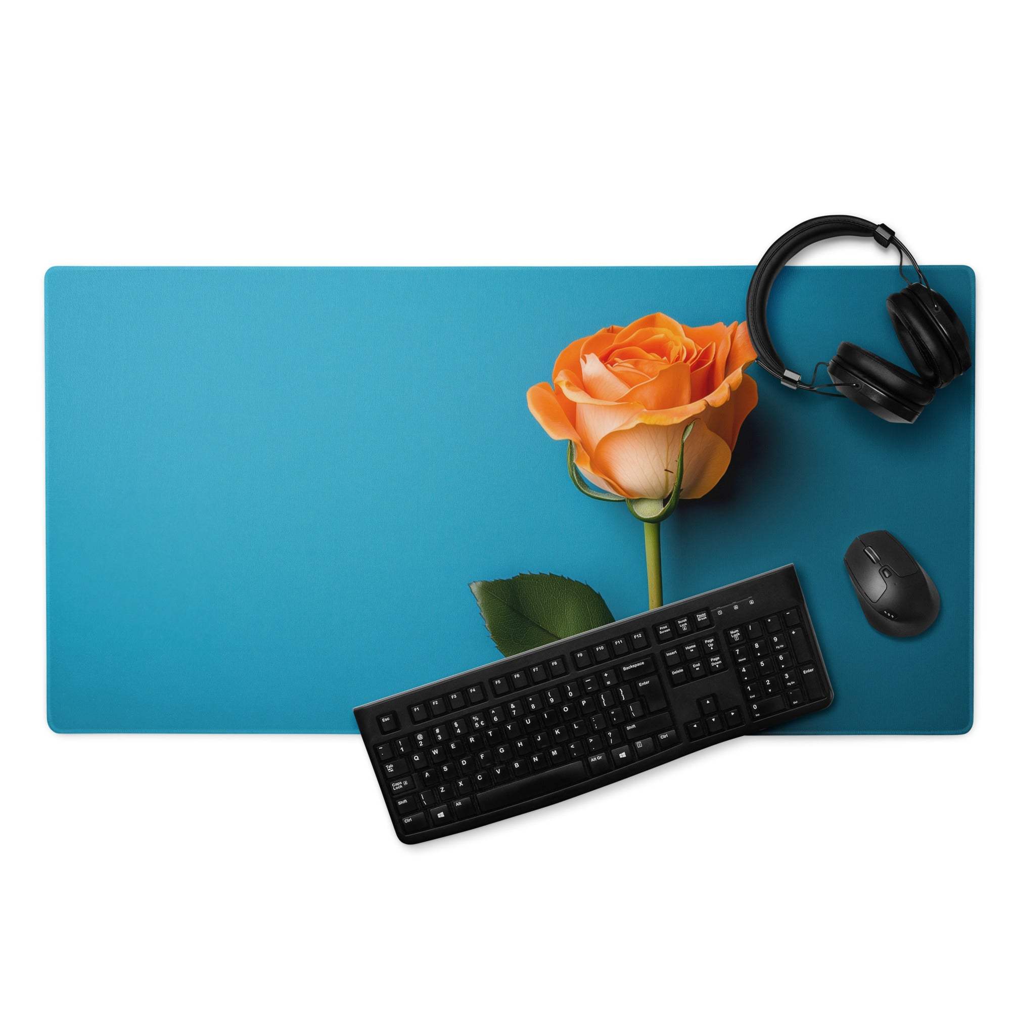 Elegant blue gaming mouse pad with orange rose, green stem, non-slip backing