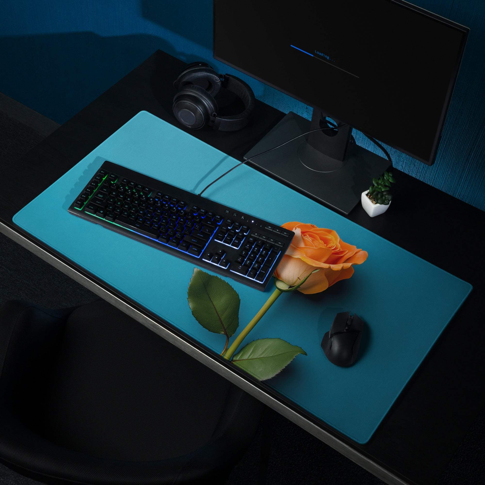 Elegant floral blue gaming mouse pad with orange rose design