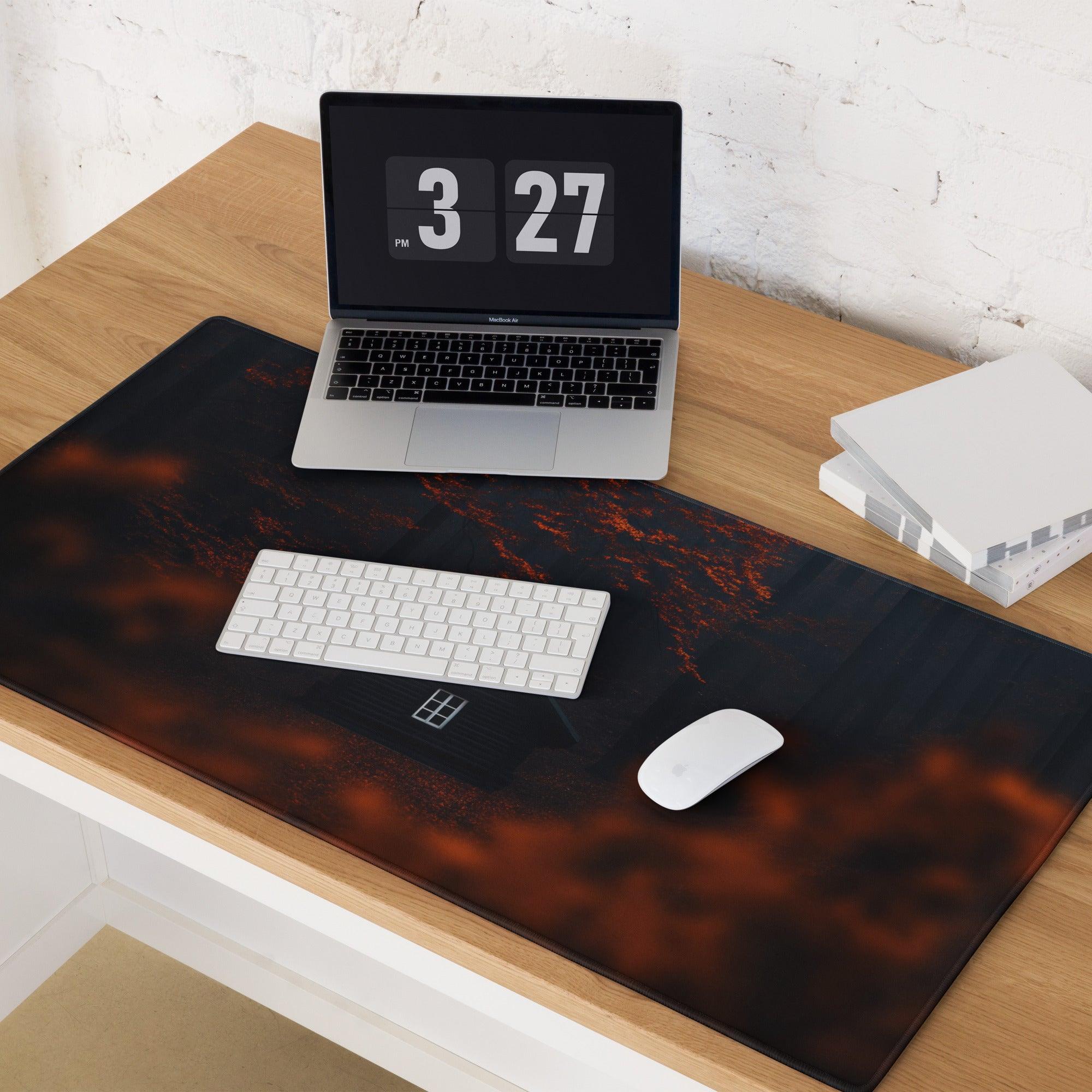 Black orange marbled Autumn Orange Forest Cabin gaming mouse pad with grid