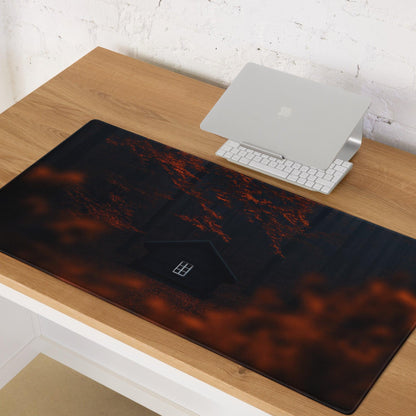 Autumn orange forest cabin gaming mouse pad with fiery design and grid icon