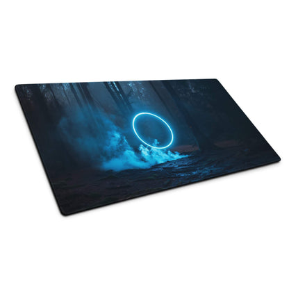 Epic Blue Neon Forest gaming mouse pad with dark forest, glowing ring, mist