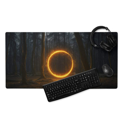 Black gaming mousepad with glowing orange ring in dark forest scene
