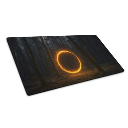 Dark forest gaming mousepad with glowing golden neon ring design