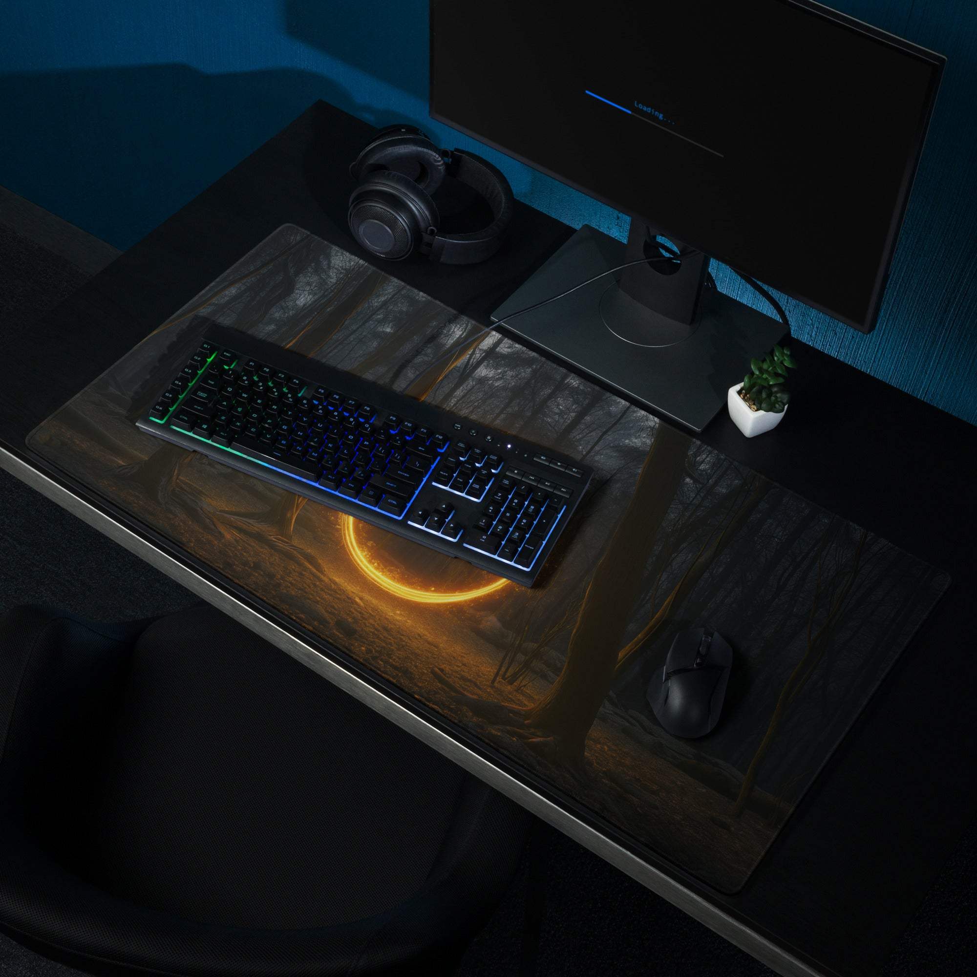 Black gaming mousepad with glowing orange neon ring on dark forest design