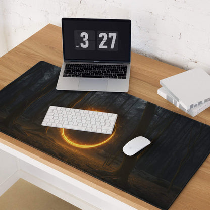 Black rectangular dark forest mousepad with glowing golden neon ring