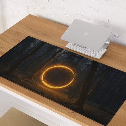 Black rectangular gaming mousepad with glowing golden ring on dark forest backdrop