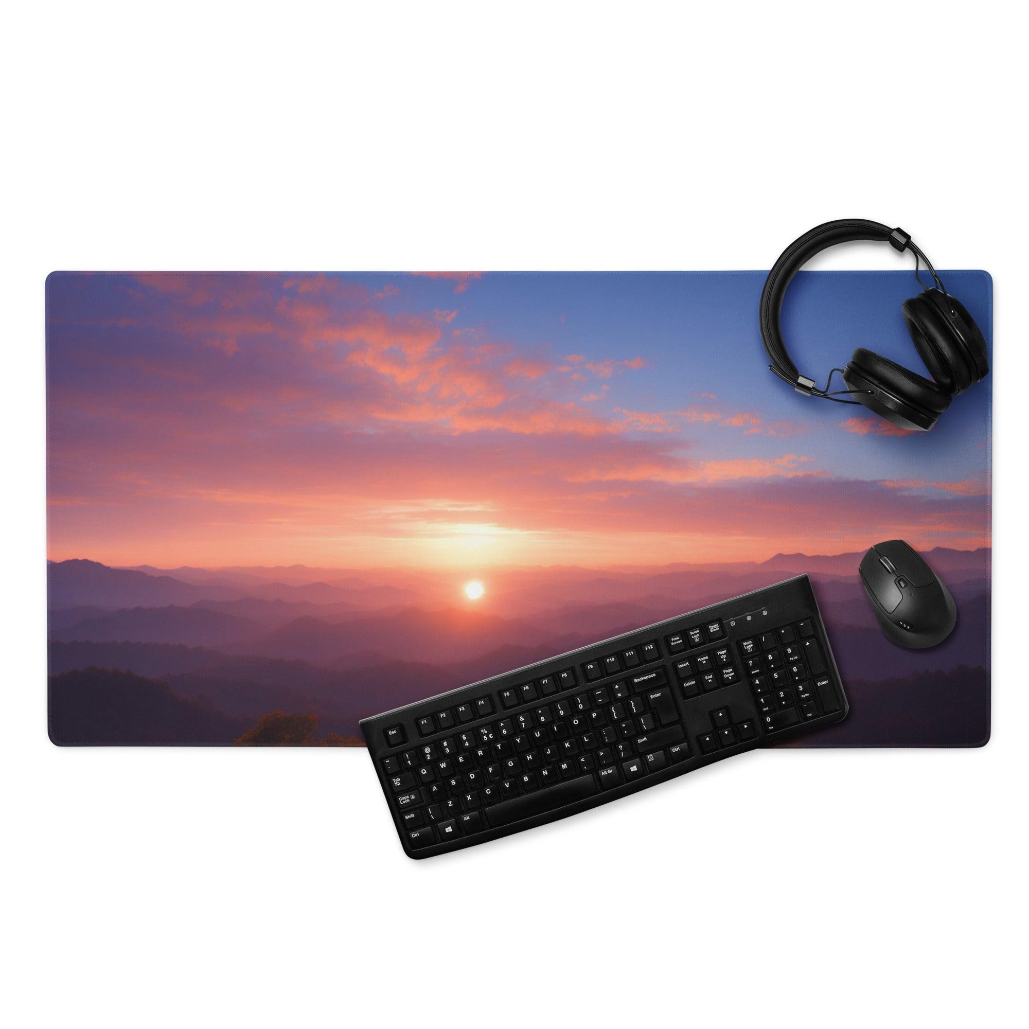 Large sunset mountain range gaming mouse pad with non-slip base and stitched edges