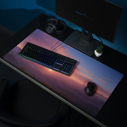 Large Sunset Mountain Range gaming mouse pad with vibrant pink orange purple sunset over silhouetted mountains, non-slip base, stitched edges