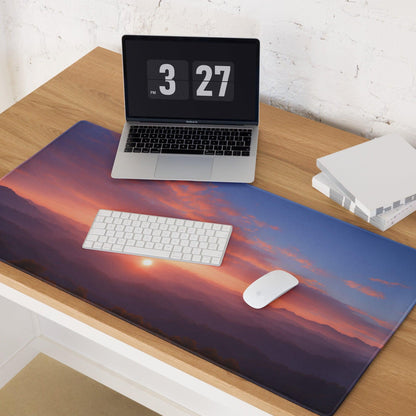 Large Sunset Mountain Range gaming mouse pad with vibrant sunset and non-slip base
