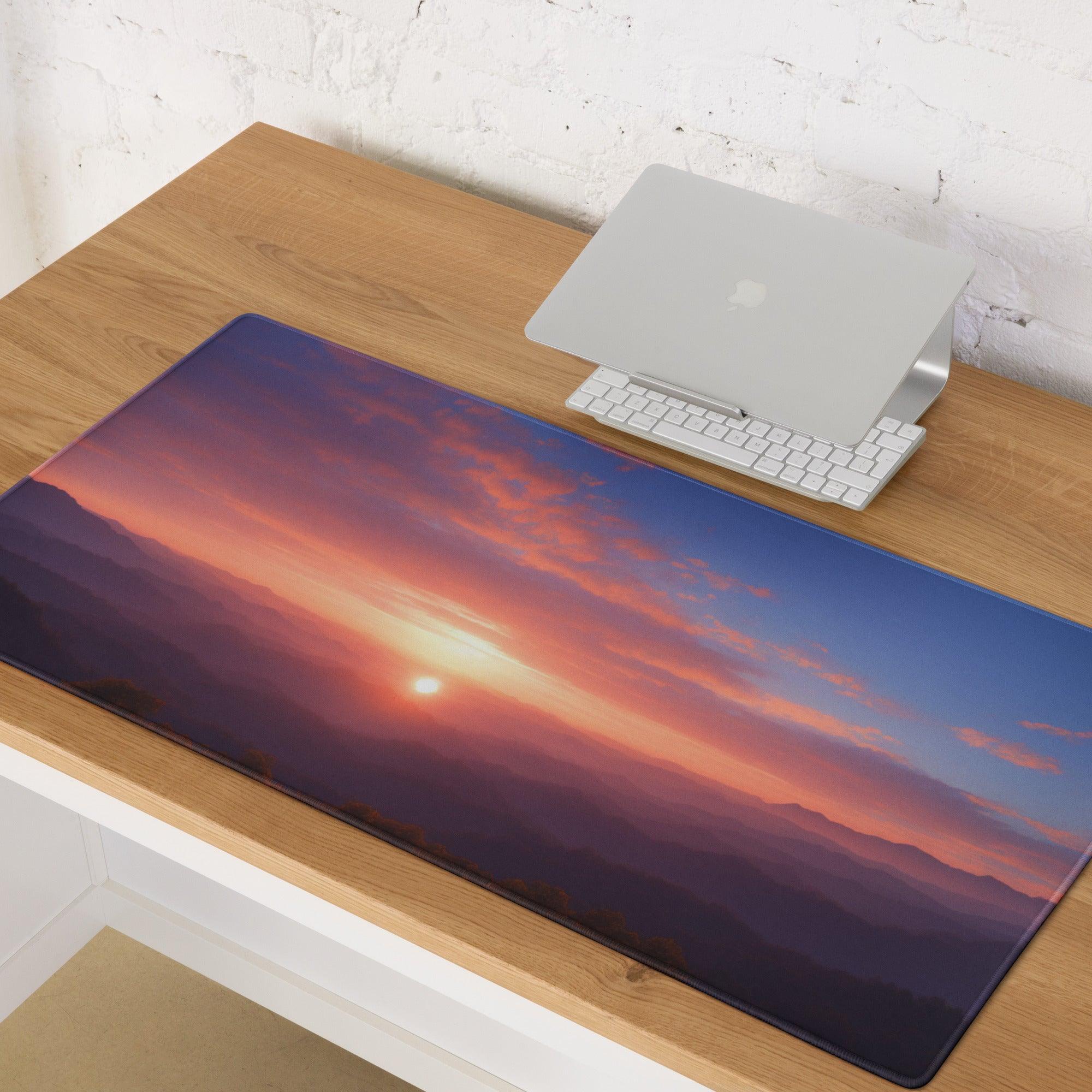 Large sunset mountain range gaming mouse pad with non-slip base and stitched edges