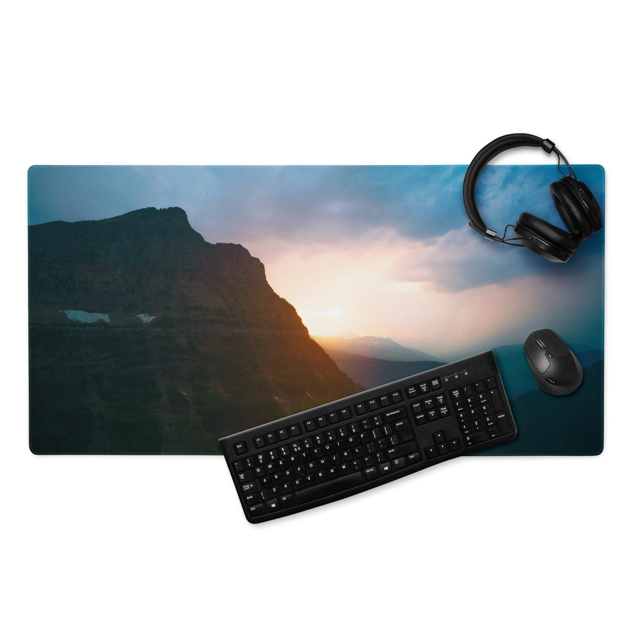 Large Calm Mountain Sunset gaming mouse pad with non-slip base and stitched edges