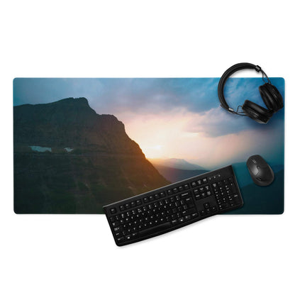 Large Calm Mountain Sunset gaming mouse pad with non-slip base and stitched edges
