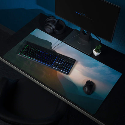 Calm Mountain Sunset large gaming mouse pad with non-slip base and stitched edges