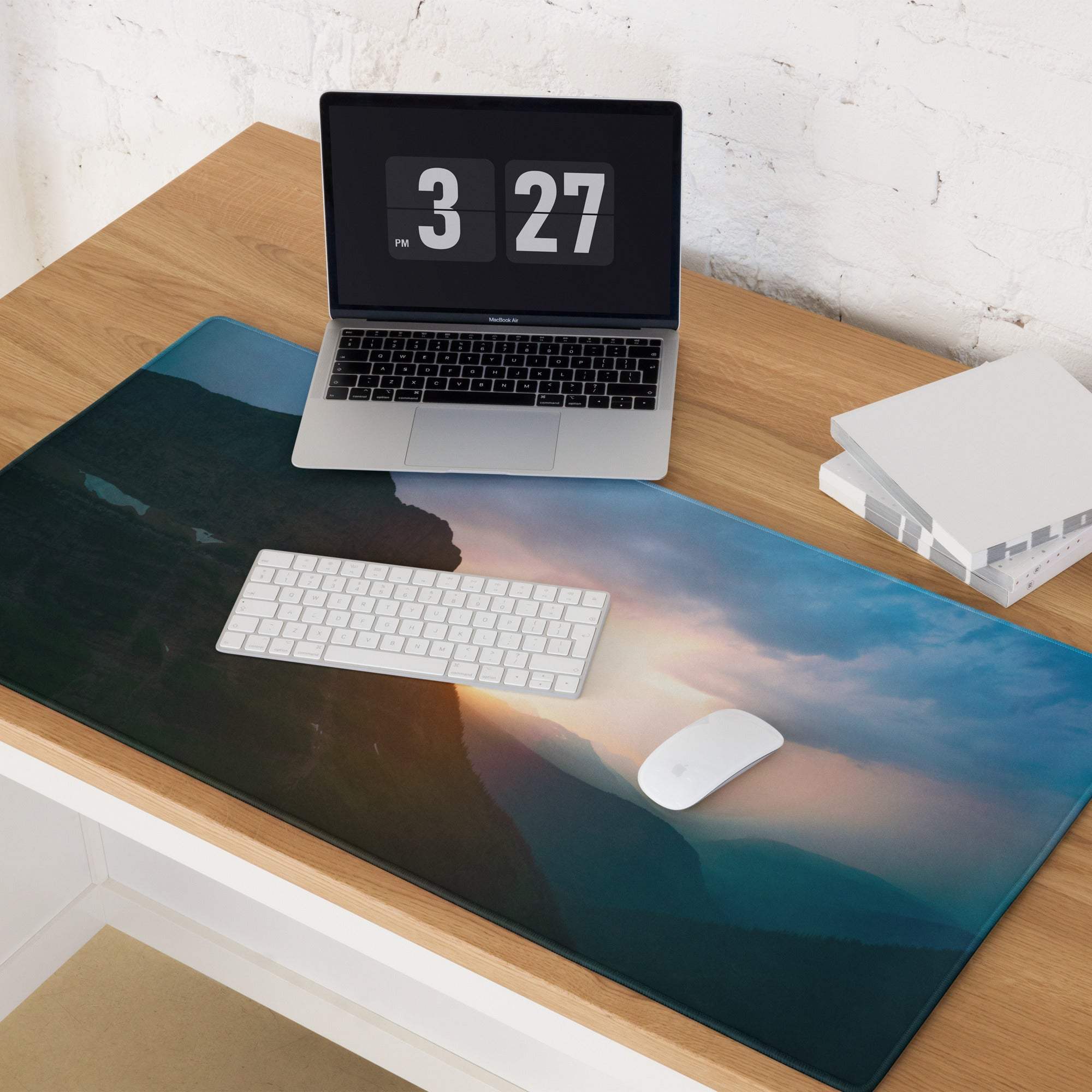 Calm Mountain Sunset large gaming mouse pad with scenic landscape, non-slip base