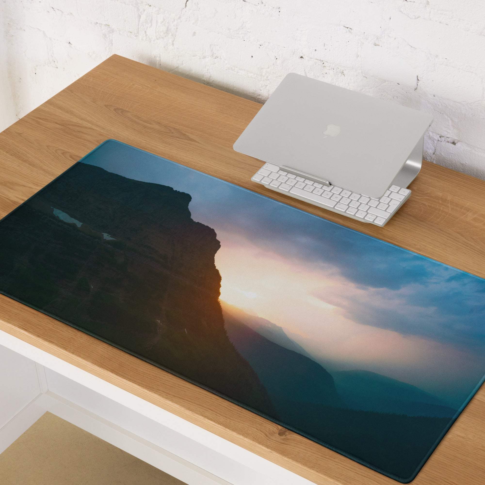 Calm Mountain Sunset gaming mouse pad with cliff at sunset, large non-slip
