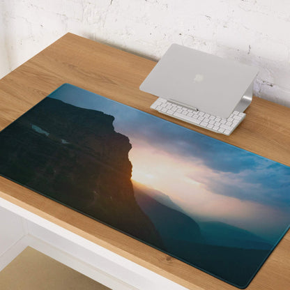 Calm Mountain Sunset gaming mouse pad with cliff at sunset, large non-slip
