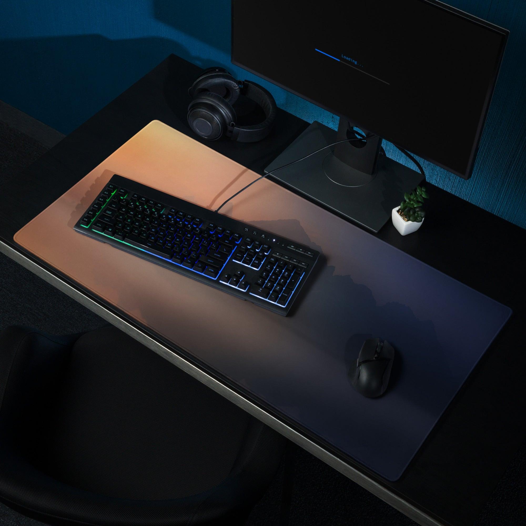 Black RGB ergonomic keyboard on Sunset Mountain gaming mouse pad