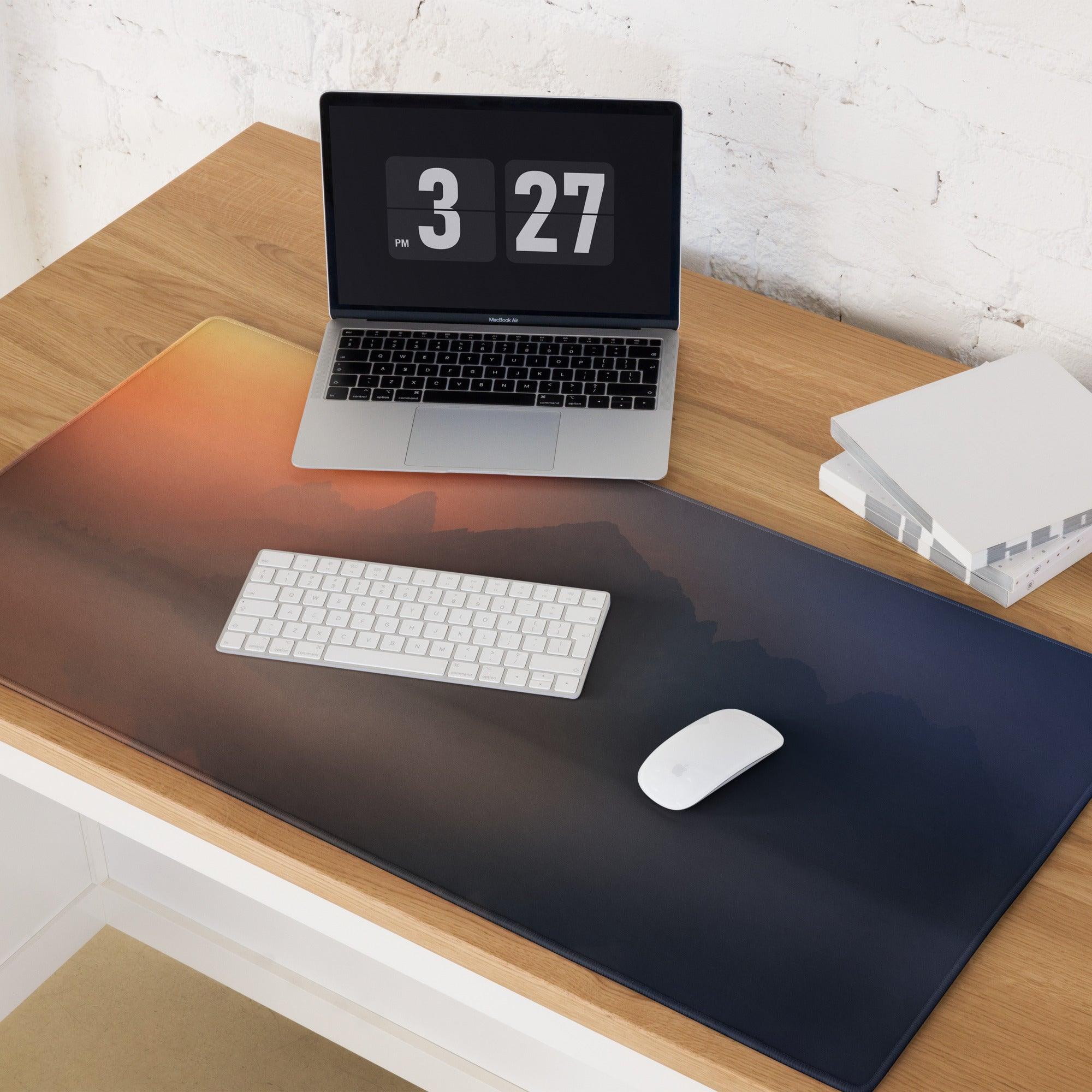Sunset Mountain large gaming mouse pad with orange-to-navy gradient