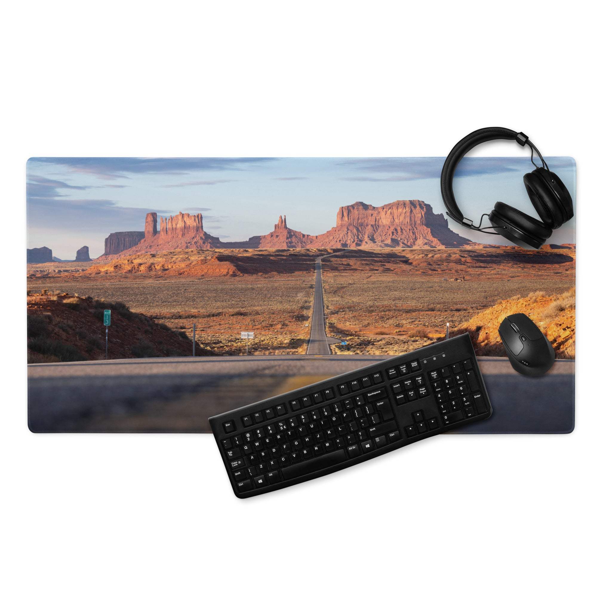 Desert Sunset Monument Valley gaming mouse pad with red rocks and road