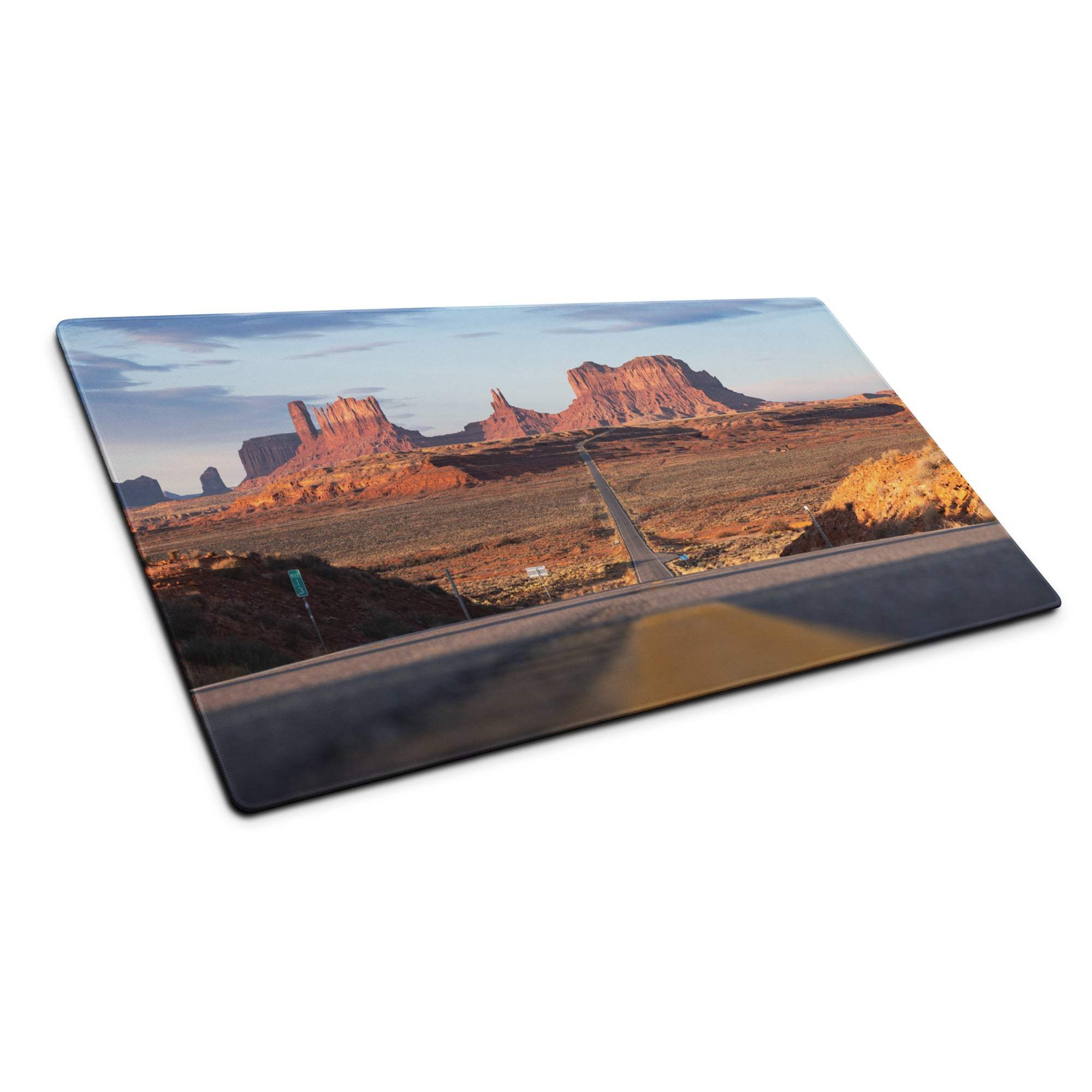 Desert Sunset Monument Valley mouse pad with red rocks, road, non-slip backing