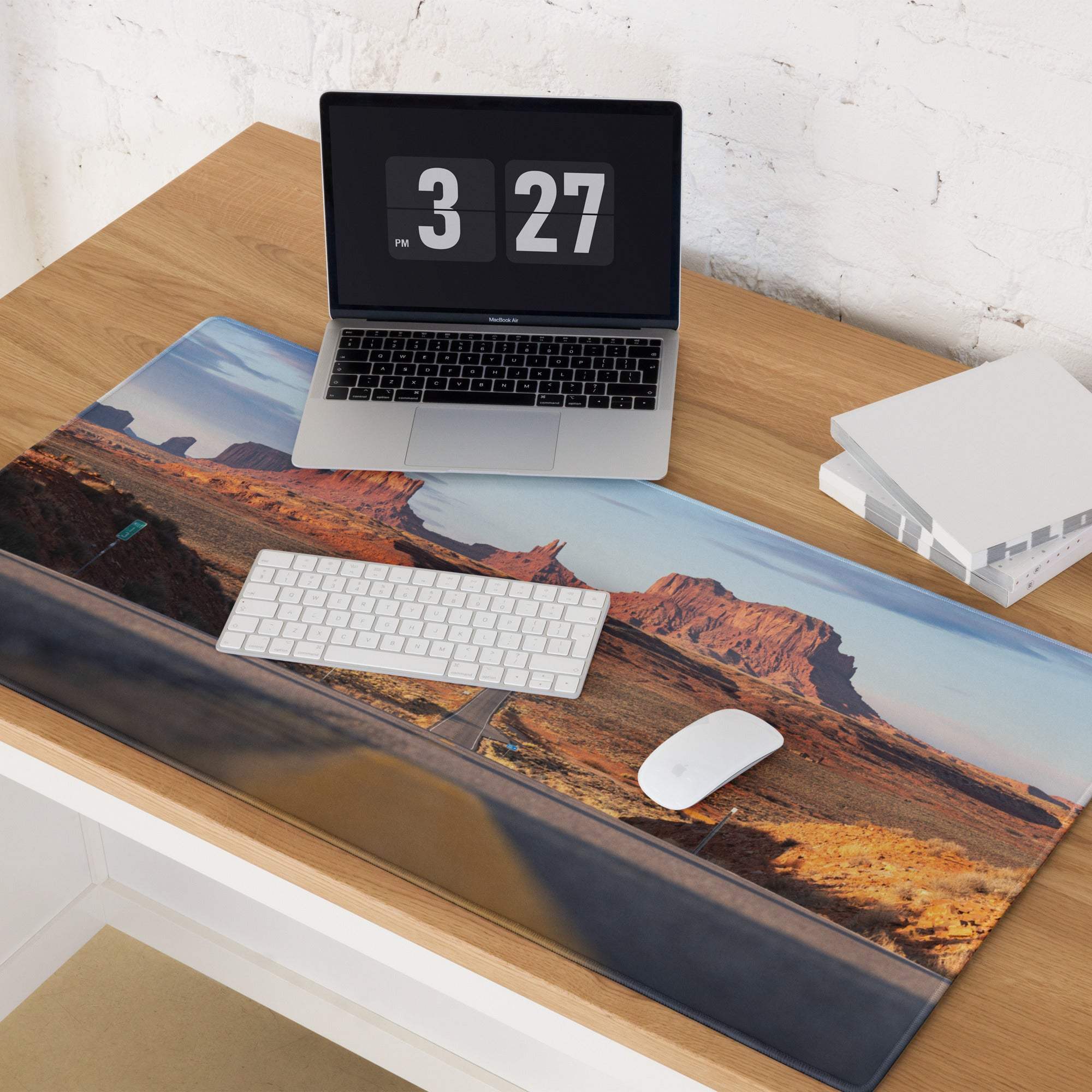 Desert Sunset Monument Valley gaming mouse pad with red rocks, road, non-slip backing