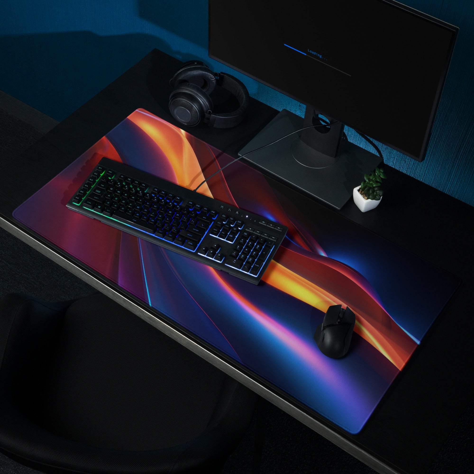 Vibrant abstract waves gaming mouse pad with orange purple blue gradients large non-slip stitched