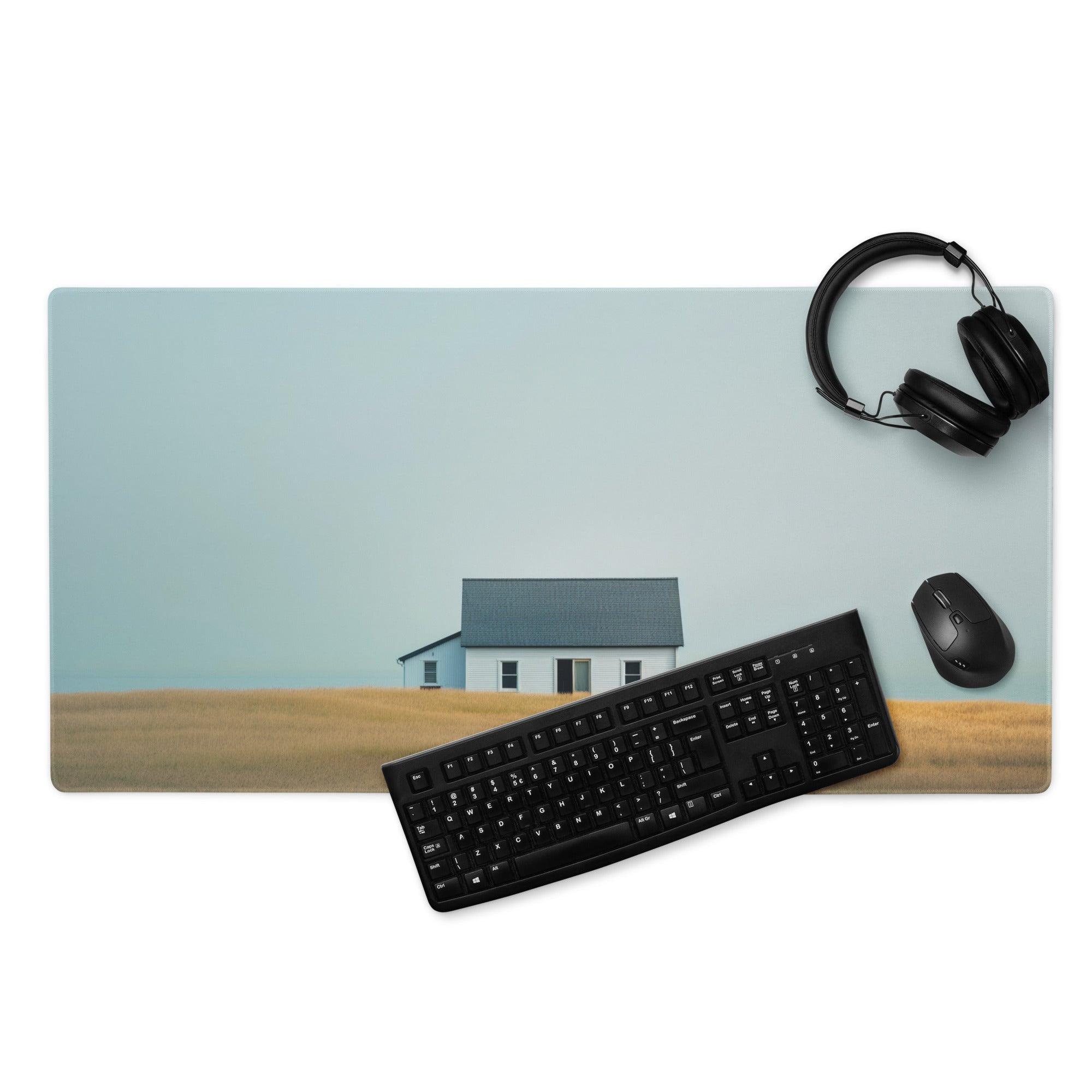 Calm landscape house in golden field blue sky large stitched gaming mouse pad