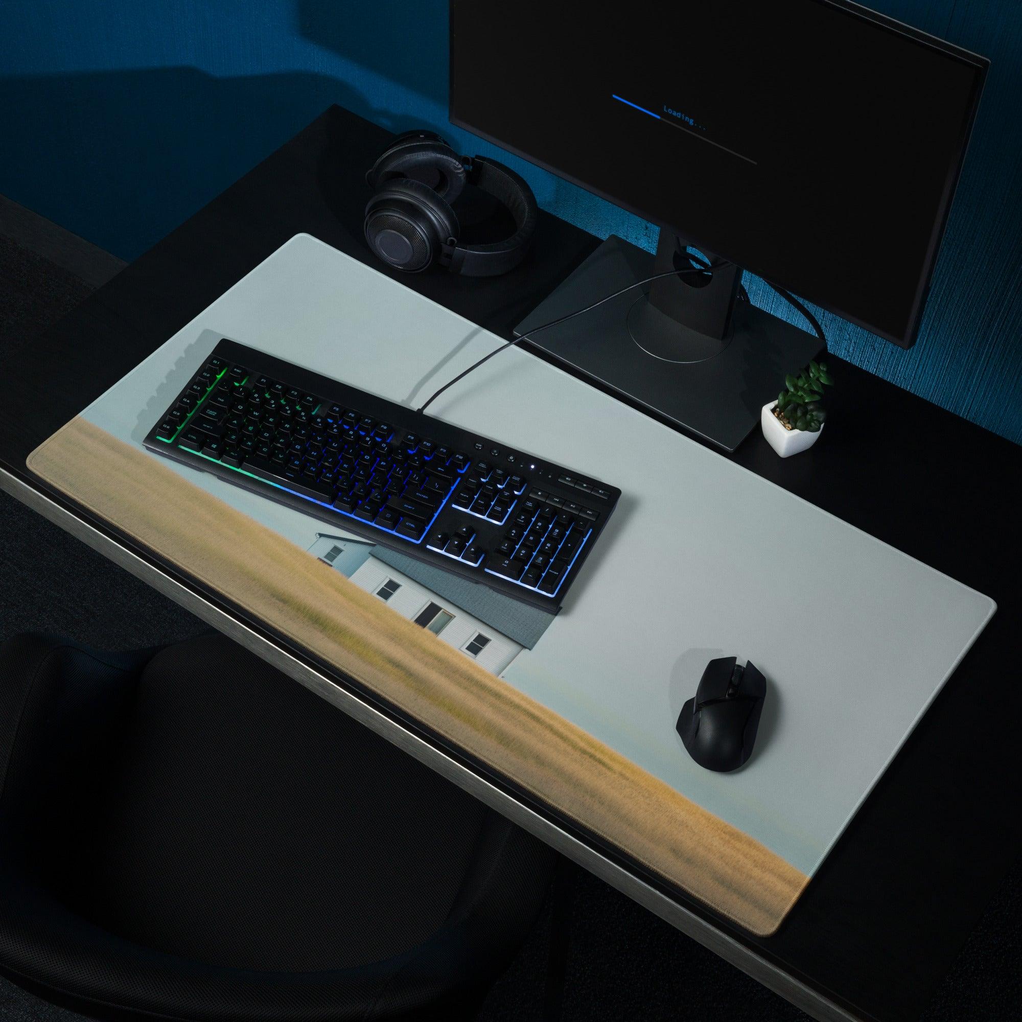 Black RGB keyboard on Calm Landscape gaming mouse pad desk setup