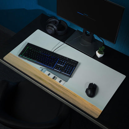Black RGB keyboard on Calm Landscape gaming mouse pad desk setup