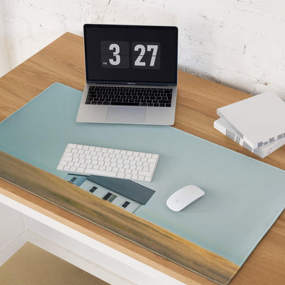 Light blue Calm Landscape gaming mouse pad with wood-grain border and wrist rest