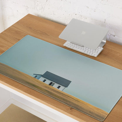 Light blue desk mat with wooden border, calm house in field print, non-slip gaming mouse pad