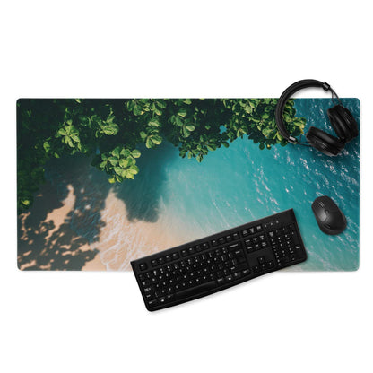 Premium large ocean teal gaming mouse pad with tropical beach scene
