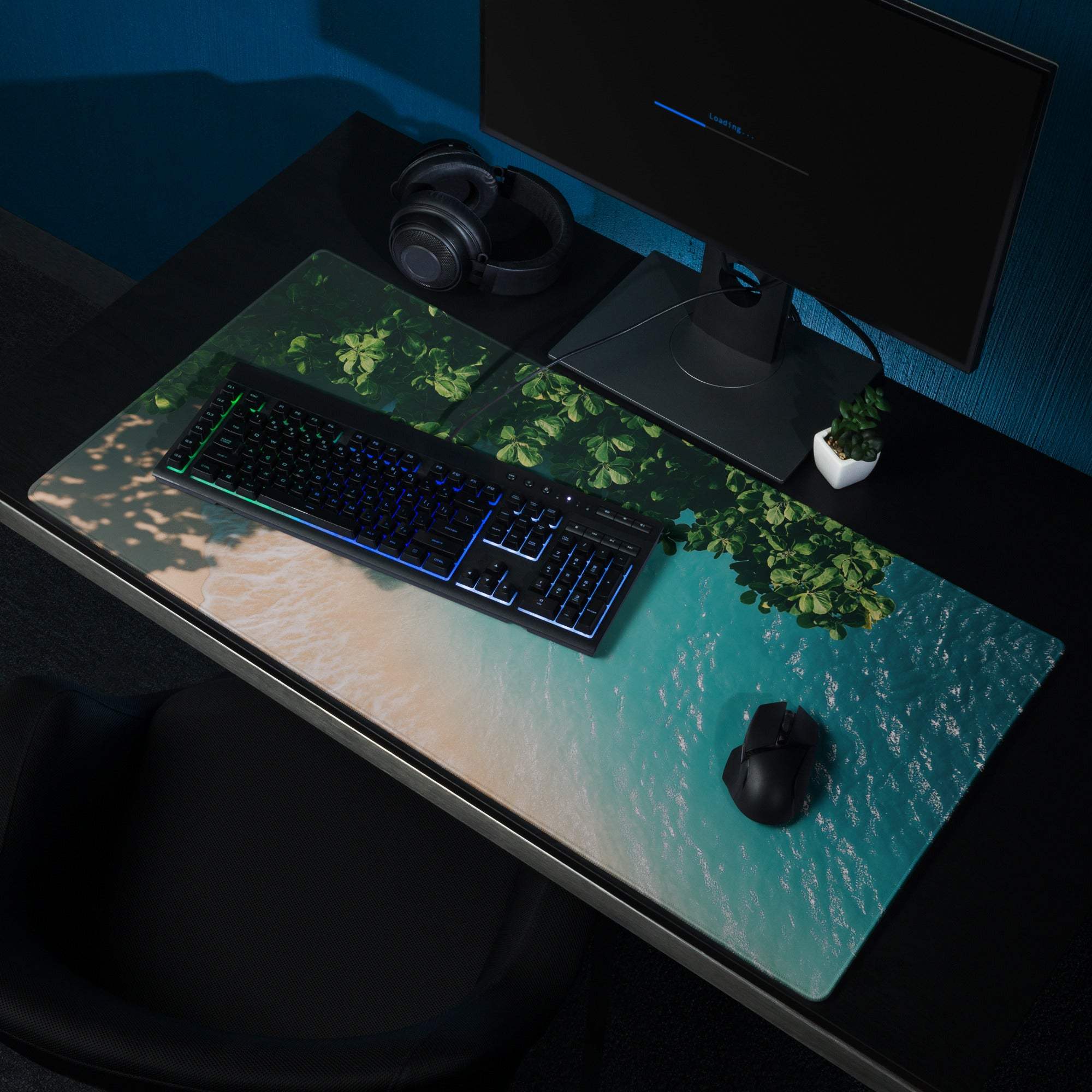 Premium large ocean teal gaming mouse pad with beach scene