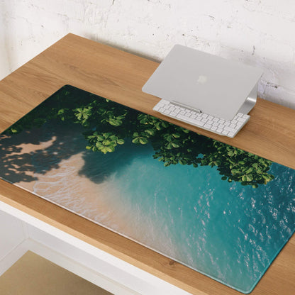 Premium large ocean teal gaming mouse pad with beach scene, edge stitching
