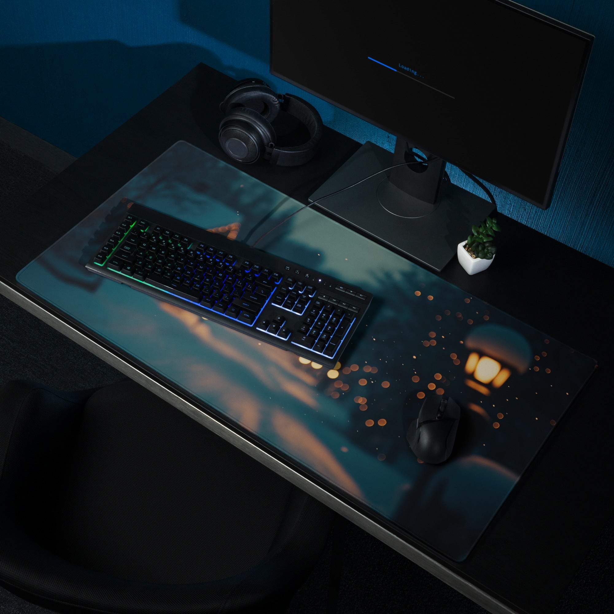 Dark blue glossy gaming mousepad with winter night cityscape, lanterns, non-slip backing