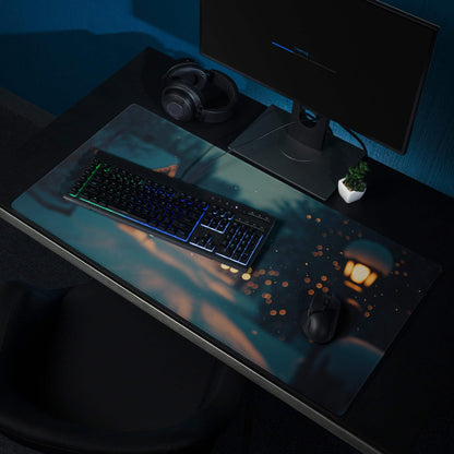 Dark blue glossy gaming mousepad with winter night cityscape, lanterns, non-slip backing