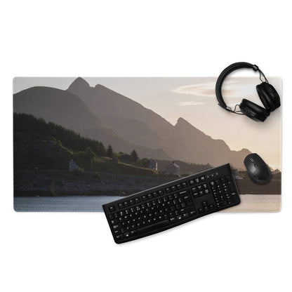 Premium calm mountain sunset gaming mouse pad with serene dawn landscape