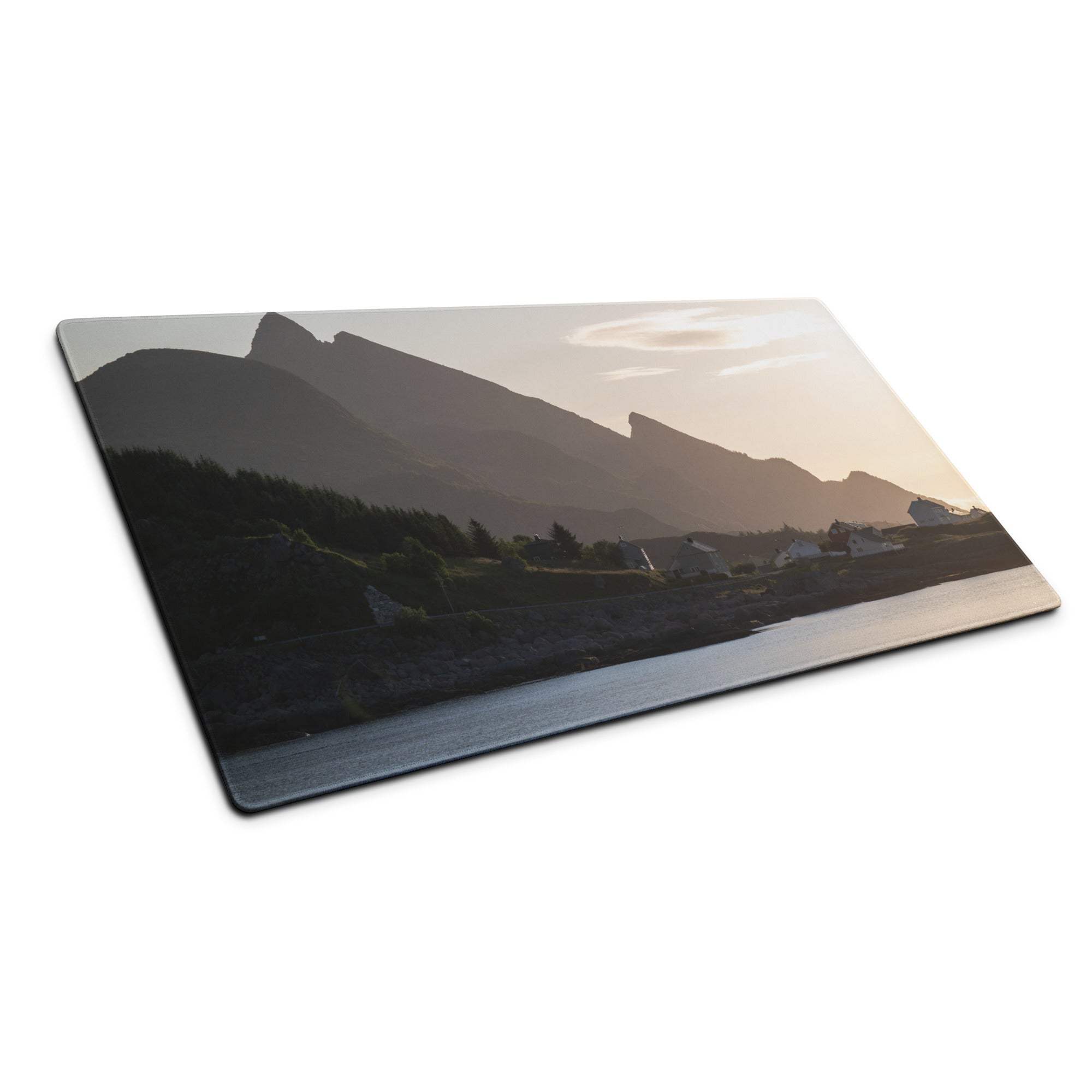 Premium calm mountain sunset gaming mouse pad with printed landscape view