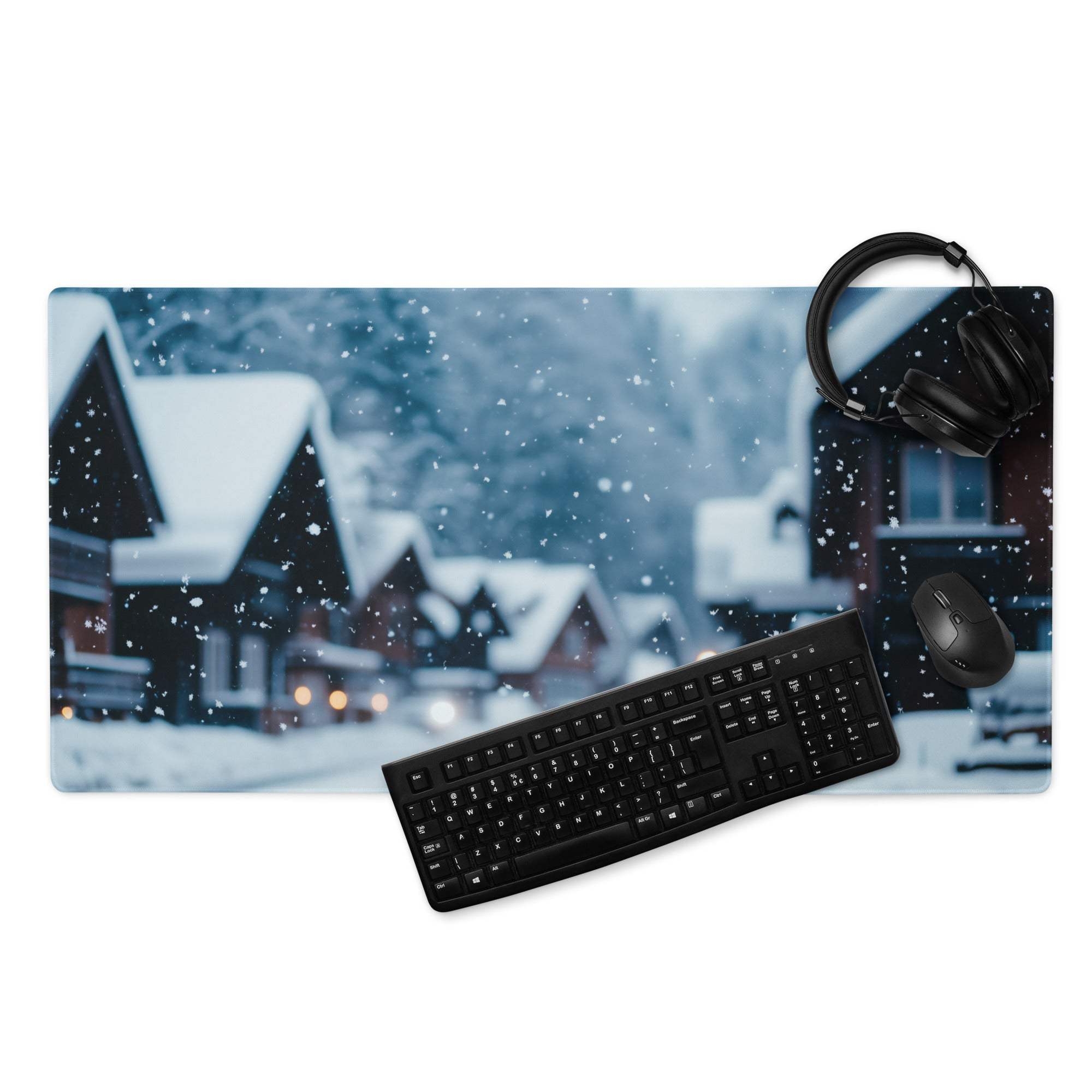 Winter Snow Village large gaming mousepad with snowy houses, keyboard, mouse