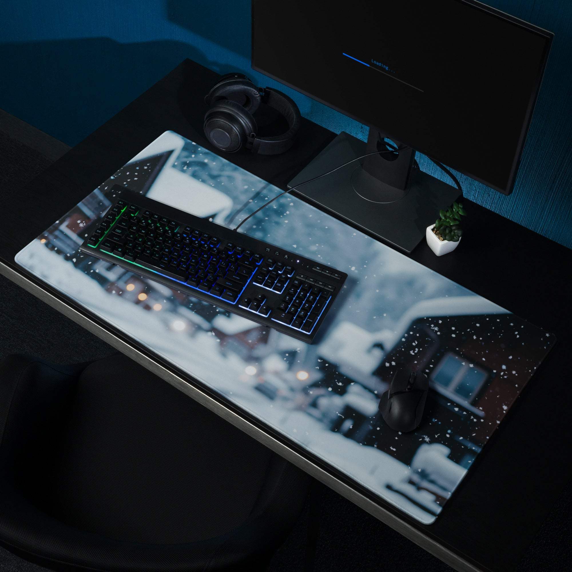 Blue white snowscape gaming mousepad Winter Snow Village large non-slip stitched