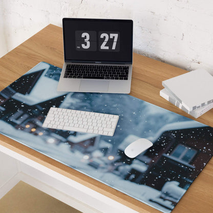 Blue winter village scene on large premium gaming mouse pad for Dota CSGO