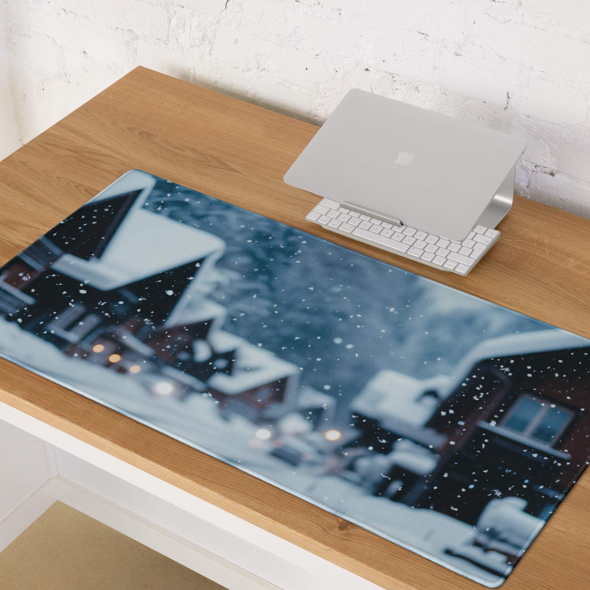 Winter Snow Village blue white snowscape gaming mouse pad large