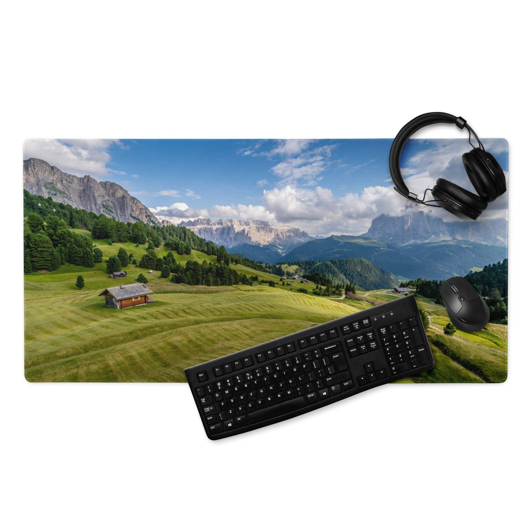Scenic calm green mountain landscape gaming mouse pad, large non-slip