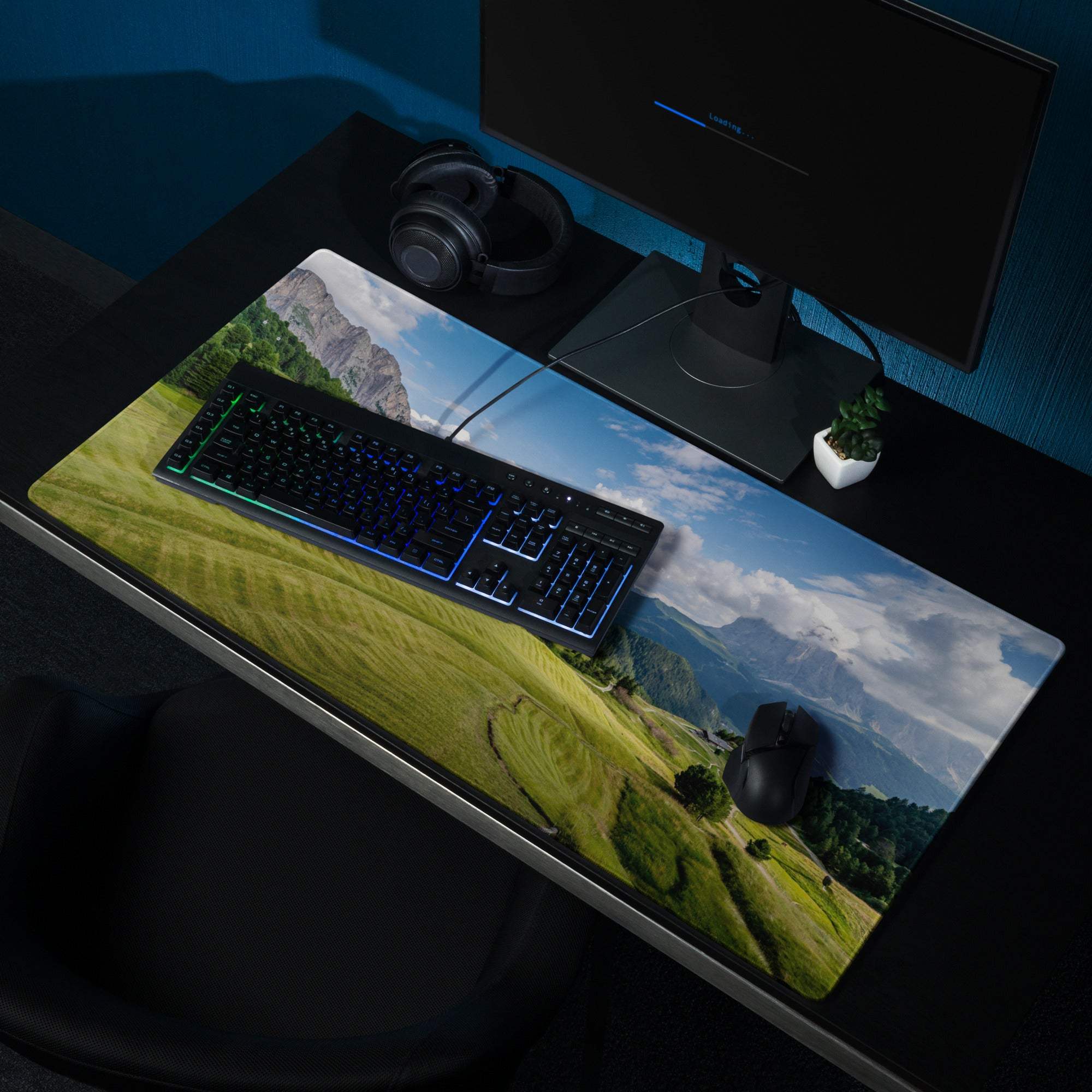 Scenic Calm Green Mountain Landscape Gaming Mouse Pad with hills, mountains, non-slip base