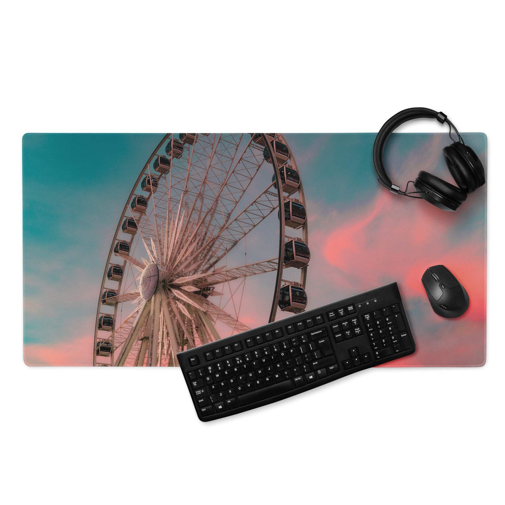 Large dreamy sunset ferris wheel panorama gaming mouse pad with non-slip base